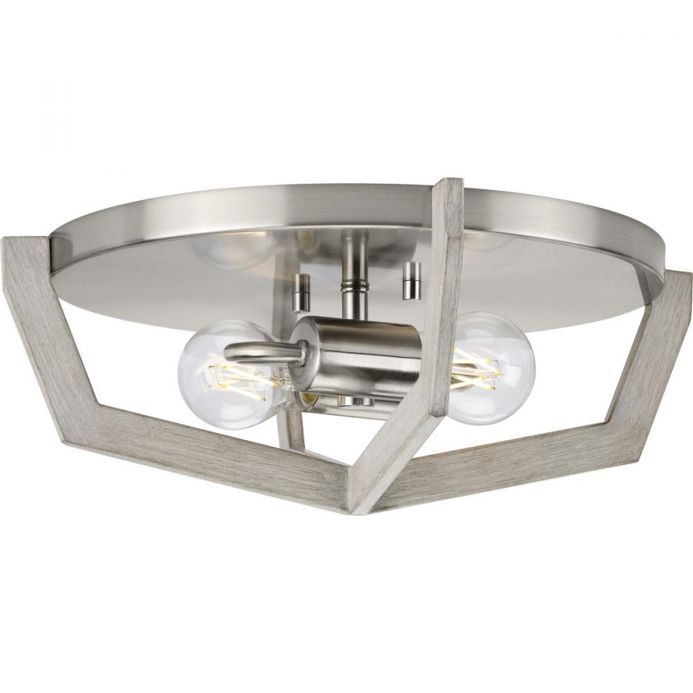 Galloway Collection Two-Light 15&#34; Brushed Nickel Modern Farmhouse Flush Mount Light with Grey Wa