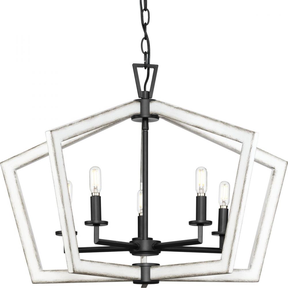 Galloway Collection Five-Light 19.25&#34; Matte Black Modern Farmhouse Chandelier with Distressed Wh