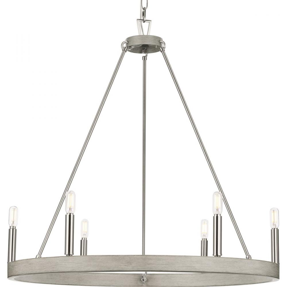Galloway Collection Six-Light 28.25&#34; Brushed Nickel Modern Farmhouse Chandelier with Grey Washed