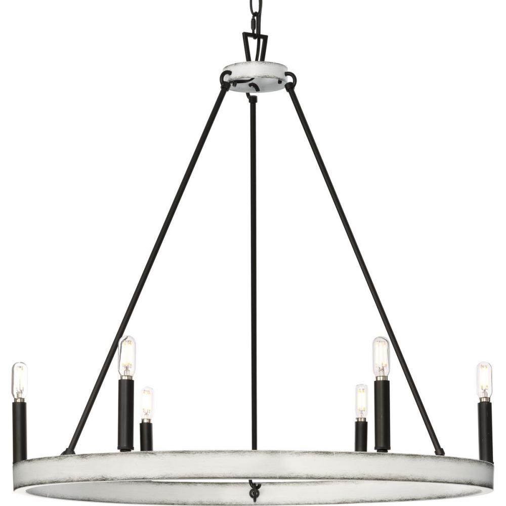 Galloway Collection Six-Light 28.25&#34; Matte Black Modern Farmhouse Chandelier with Distressed Whi