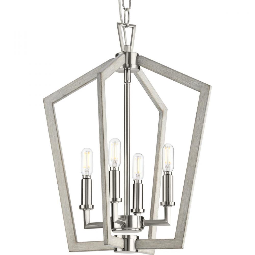 Galloway Collection Four-Light 18&#34; Brushed Nickel Modern Farmhouse Foyer Light with Grey Washed
