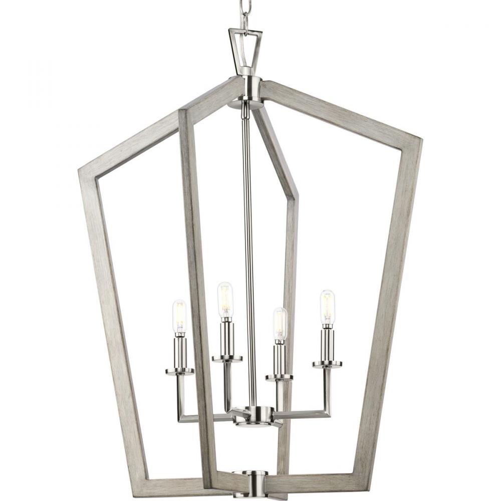 Galloway Collection Four-Light 30&#34; Brushed Nickel Modern Farmhouse Foyer Light with Grey Washed