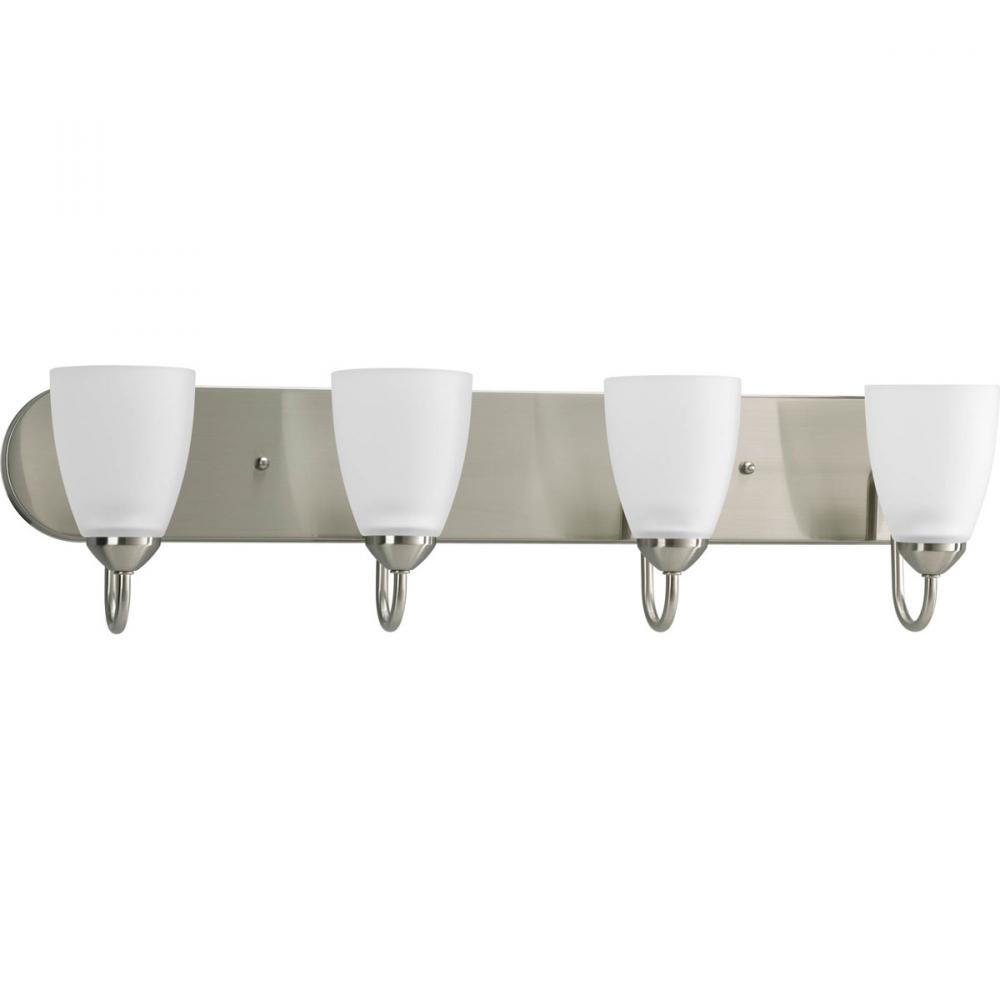 Gather Collection Four-Light Brushed Nickel Etched Glass Traditional Bath Vanity Light