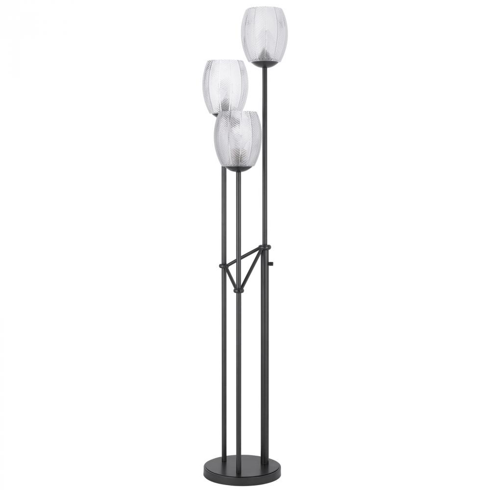 60W X 3 Oconto Metal Floor Lamp with Patterned Glass Shades.