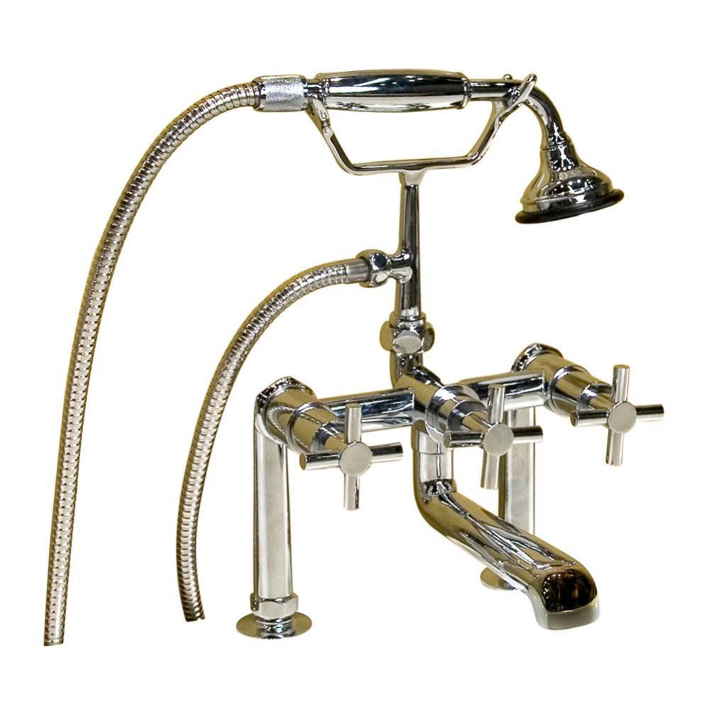 Deck Mount Tub Faucet w/ CrossHandles, Hand Shower-CP