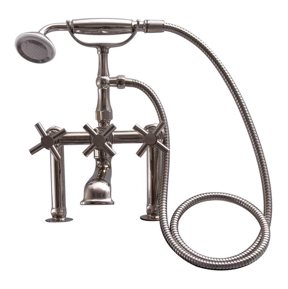 Deck Mount Tub Faucet w/ CrosHandles, Hand Shower-PN