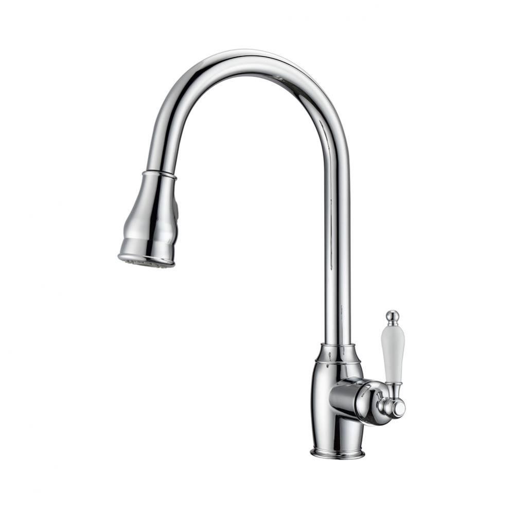 Bay Kitchen Faucet,Pull-OutSpray,Porcelain Handles,CP