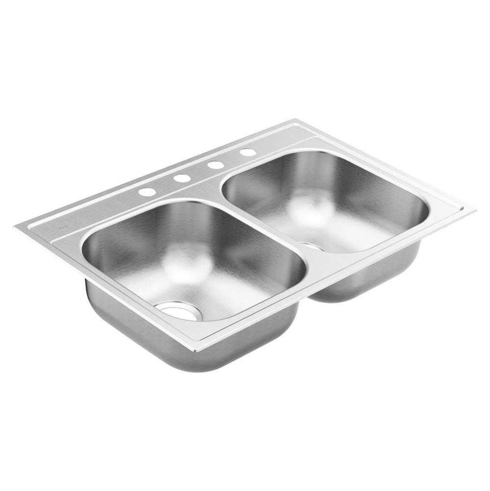 2000 Series 33-inch 20 Gauge Drop-in Double Bowl Stainless Steel Kitchen Sink, 4 Hole, Featuring Q