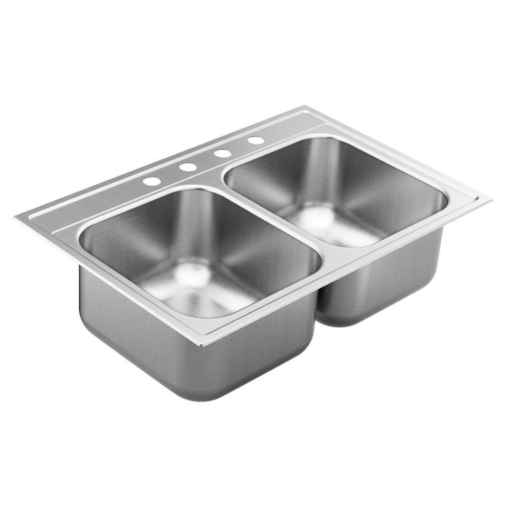 1800 Series 33-inch 18 Gauge Drop-in Double Bowl Stainless Steel Kitchen Sink, Featuring QuickMoun