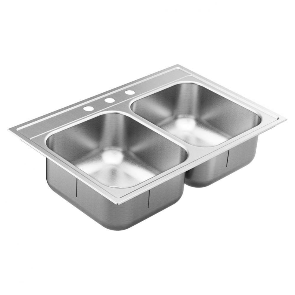 1800 Series 33-inch 18 Gauge Drop-in Double Bowl Stainless Steel Kitchen Sink, 8-inch Depth Featur
