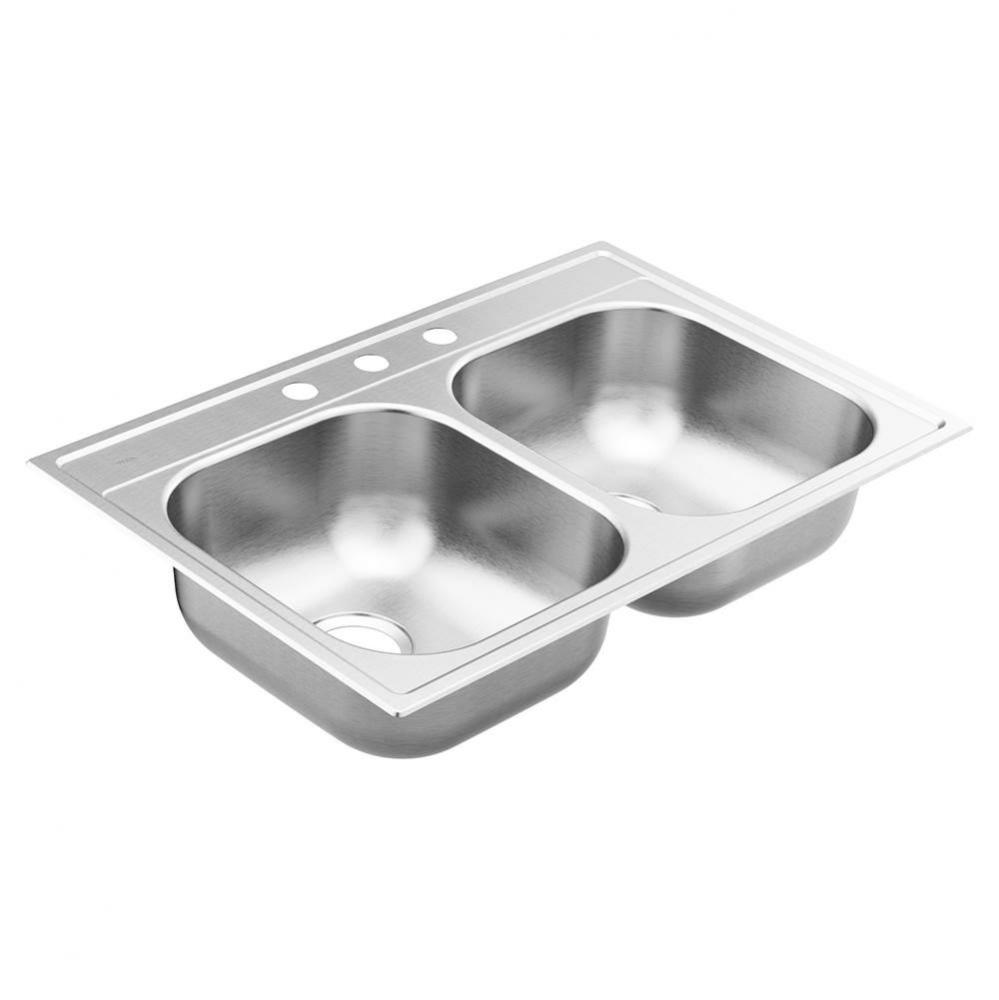 2000 Series 33-inch 20 Gauge Drop-in Double Bowl Stainless Steel Kitchen Sink, 3 Hole, Featuring Q