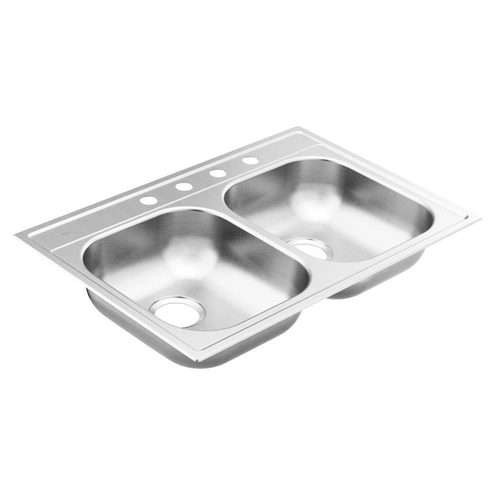 2000 Series 33-inch 20 Gauge Drop-in Double Bowl Stainless Steel Kitchen Sink, 4 Hole, Featuring Q