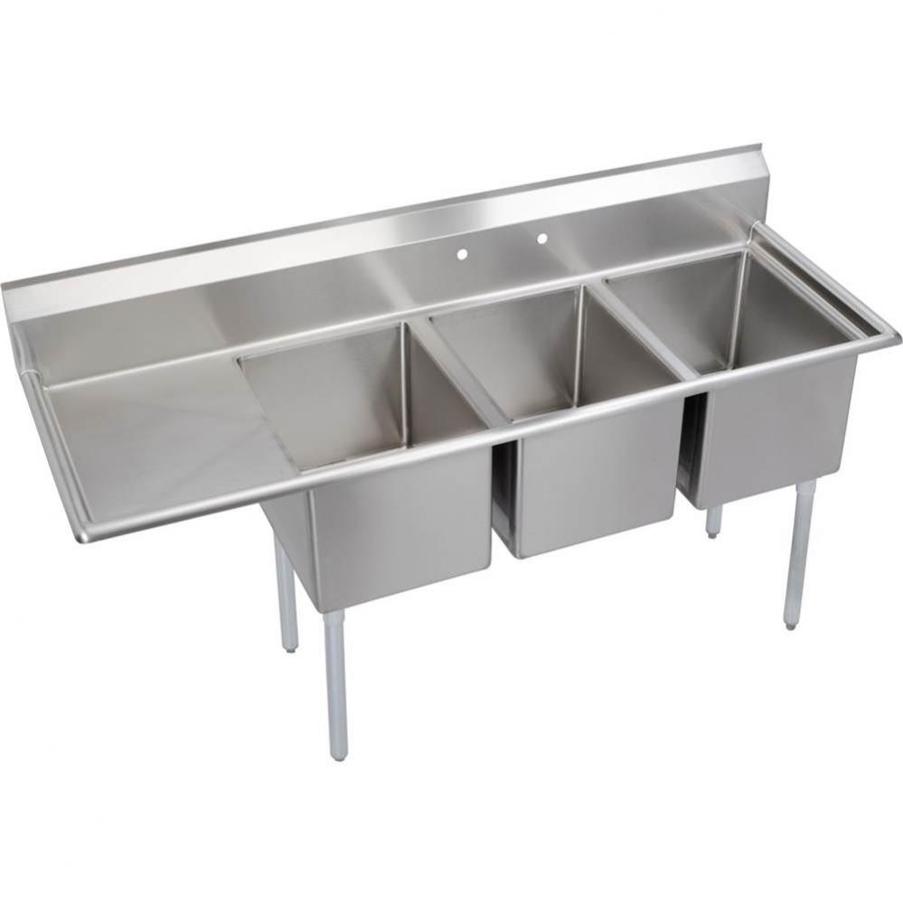 3 Compartment Sink, 73X26 OA, 16X20 Bowl, 14 Deep, Left 18&apos;&apos; DB, SS Legs, 16 GA 300 Seri