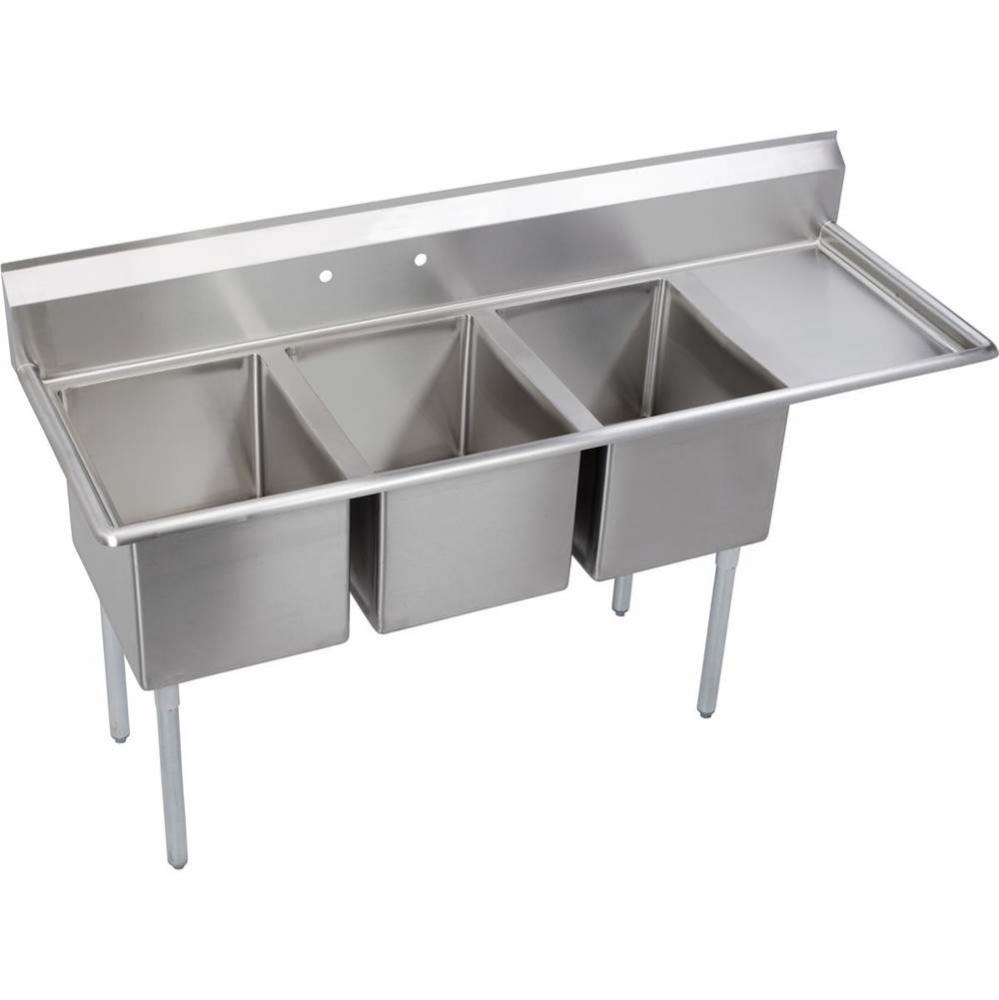3 Compartment Sink, 73X26 OA, 16X20 Bowl, 14 Deep, Right 18&apos;&apos; DBs, SS Legs, 16 GA 300 Se