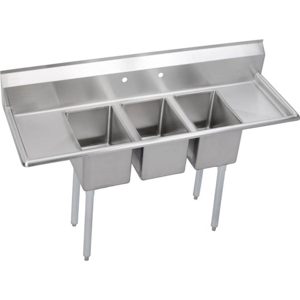 3 Compartment Sink, 58X20 OA, 10X14 Bowl, 10 Deep, L &amp; R 12 DBs, SS Legs, 16 GA 300 Series SS,