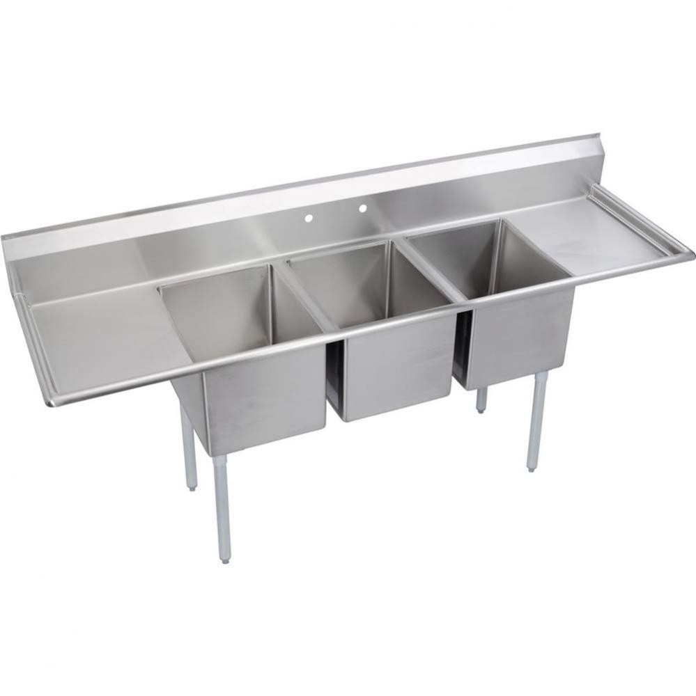 3 Compartment Sink, 88X26 OA, 16X20 Bowl, 12 Deep, L &amp; R 18&apos;&apos; DBs, SS Legs, 18 GA 30