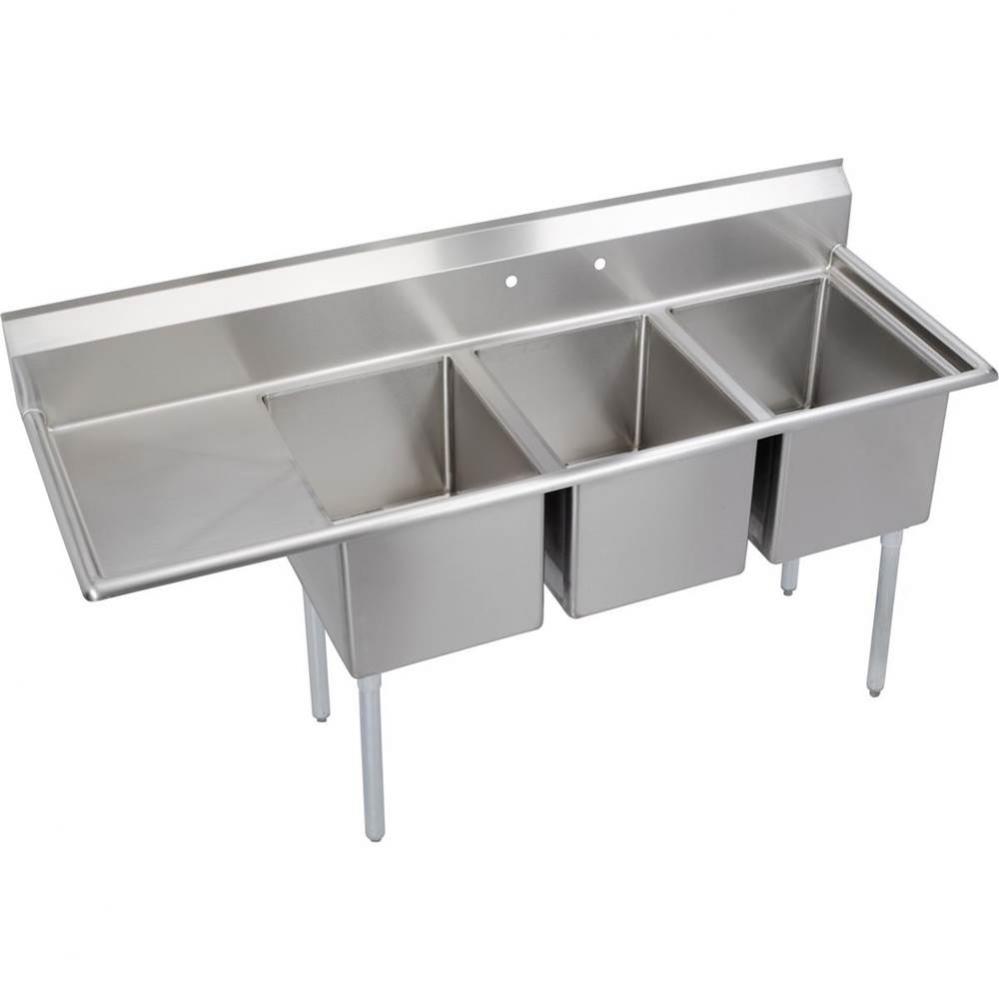 3 Compartment Sink, 73X26 OA, 16X20 Bowl, 12 Deep, Left 18&apos;&apos; DB, SS Legs, 18 GA 300 Seri