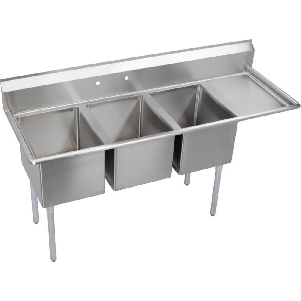 3 Compartment Sink, 73X26 OA, 16X20 Bowl, 12 Deep, Right 18&apos;&apos; DBs, SS Legs, 18 GA 300 Se