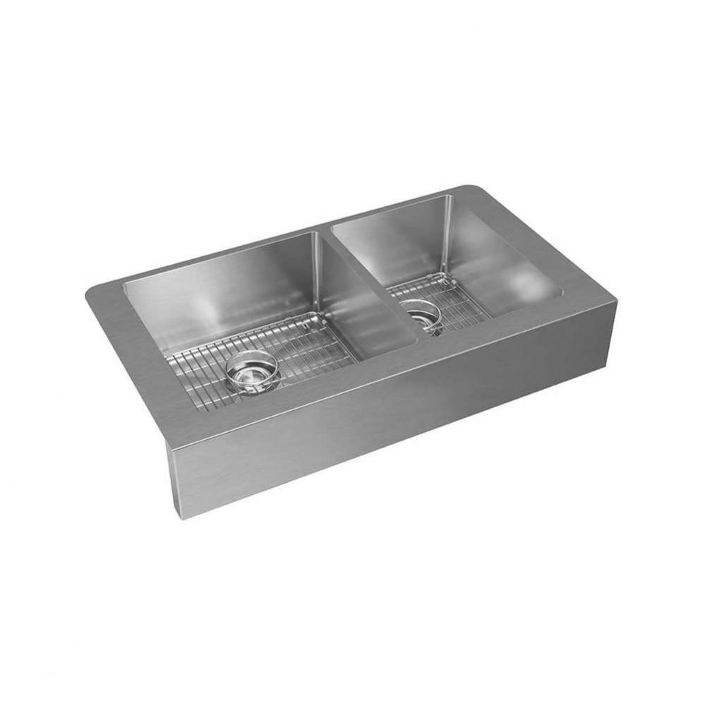 18 Gauge Stainless Steel 31.5&apos;&apos; x 20.25&apos;&apos; x 9&apos;&apos; 60/40 Double Bowl Ap
