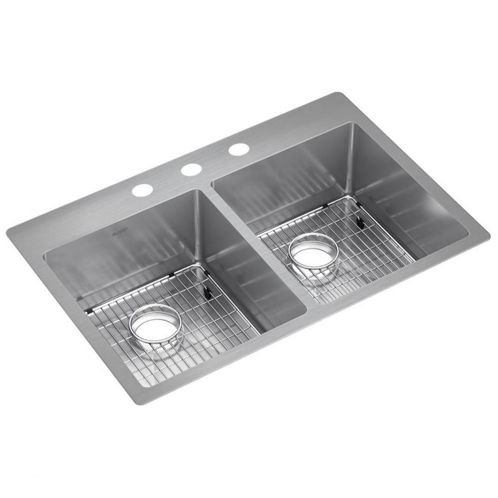 18 Gauge Stainless Steel 33&apos;&apos; x 22&apos;&apos; x 9&apos;&apos; Double Bowl Dual Mount Ki