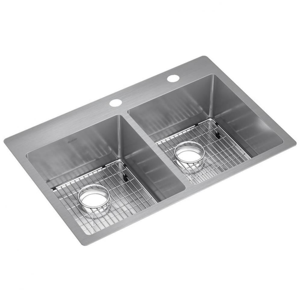18 Gauge Stainless Steel 33&apos;&apos; x 22&apos;&apos; x 9&apos;&apos; Double Bowl Dual Mount Ki