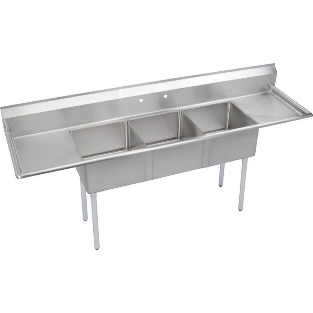 3 Compartment Sink, 120X30 OA, 24X24 Bowl, 11 Deep, L &amp; R 24&apos;&apos; DBs, SS Legs, 18 GA 3