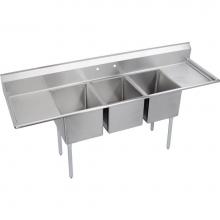Elkay 3C16X20-2-18X - 3 Compartment Sink, 88X26 OA, 16X20 Bowl, 12 Deep, L & R 18'' DBs, SS Legs, 16 GA 30