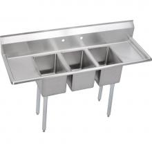 Elkay 3C10X14-2-12X - 3 Compartment Sink, 58X20 OA, 10X14 Bowl, 10 Deep, L & R 12 DBs, SS Legs, 16 GA 300 Series SS,