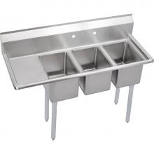Elkay 3C10X14-L-12X - 3 Compartment Sink, 49X20 OA, 10X14 Bowl, 10 Deep, Left 12 DBs, SS Legs, 16 GA 300 Series SS, NSF