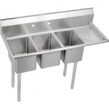 Elkay 3C10X14-R-12X - 3 Compartment Sink, 49X20 OA, 10X14 Bowl, 10 Deep, Right 12 DBs, SS Legs, 16 GA 300 Series SS, NSF