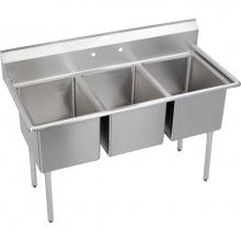 Elkay E3C16X20-0X - 3 Compartment Sink, 57X26 OA, 16X20 Bowl, 12 Deep, No DBs, SS Legs, 18 GA 300 Series SS, NSF