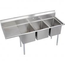 Elkay E3C16X20-L-18X - 3 Compartment Sink, 73X26 OA, 16X20 Bowl, 12 Deep, Left 18'' DB, SS Legs, 18 GA 300 Seri