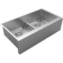 Elkay EFRUFFA3417DBG - 16 Gauge Stainless Steel 35-7/8'' x 20-14'' x 9'' Double Bowl Farmho