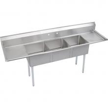 Elkay SE3C24X24-2-24X - 3 Compartment Sink, 120X30 OA, 24X24 Bowl, 11 Deep, L & R 24'' DBs, SS Legs, 18 GA 3