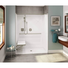 Aker 141368-000-002-124 - OPS-6036 AcrylX Alcove Center Drain One-Piece Shower in White - MASS Grab Bar and Seat