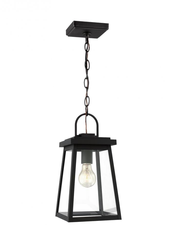 Founders modern 1-light outdoor exterior ceiling hanging pendant in black finish with clear glass pa