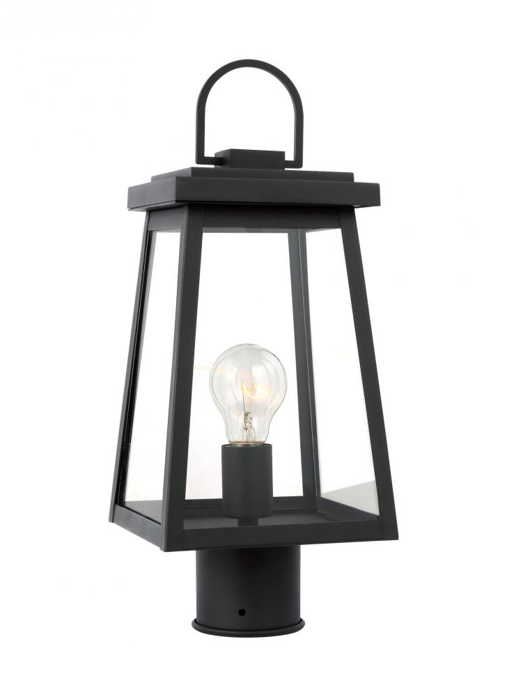 Founders modern 1-light outdoor exterior post lantern in black finish with clear glass panels and sm