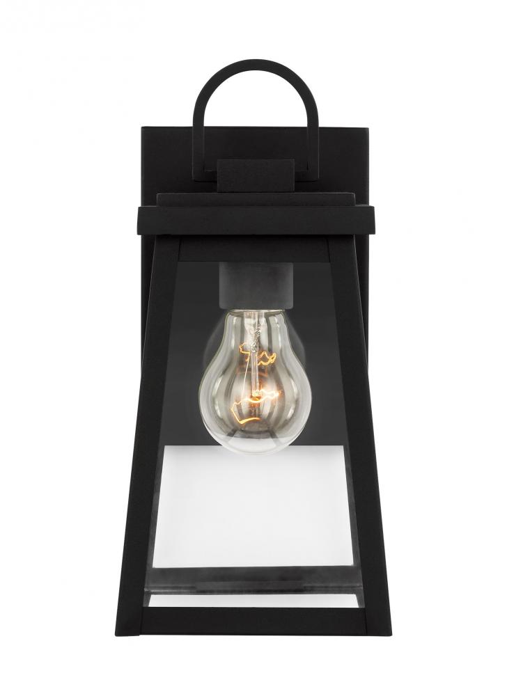 Founders modern 1-light outdoor exterior small wall lantern sconce in black finish with clear glass