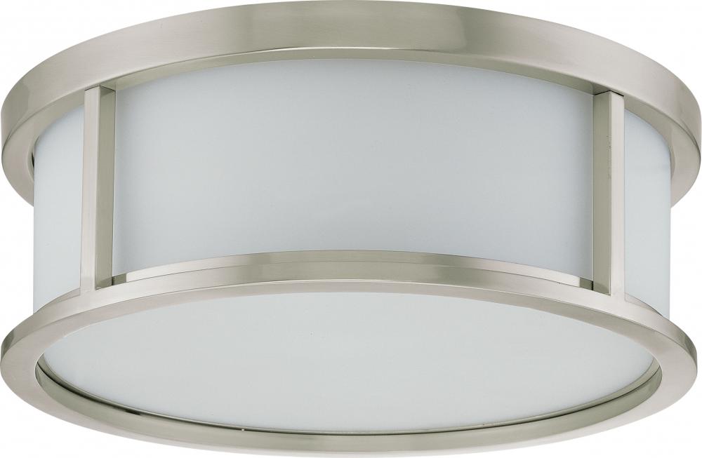 Odeon - 3 Light 15&#34; Flush Dome with Satin White Glass - Brushed Nickel Finish