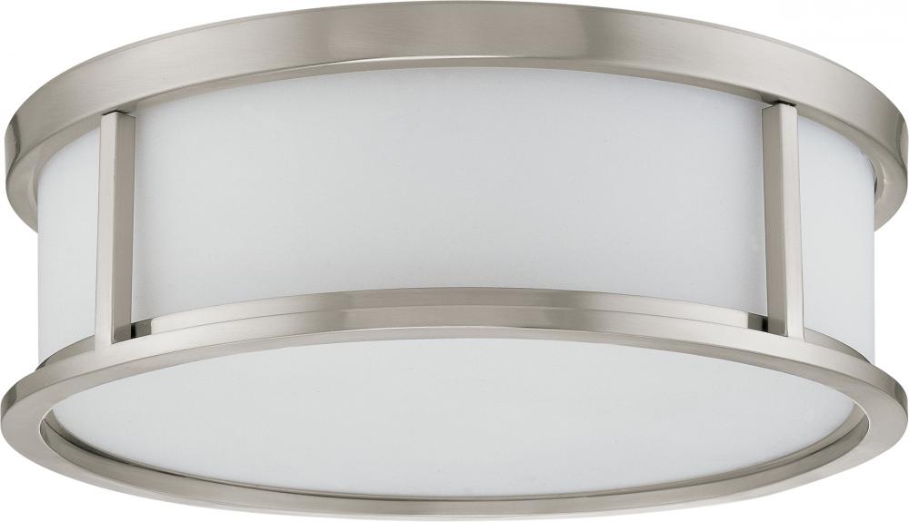 Odeon - 3 Light 17&#34; Flush Dome withSatin White Glass - Brushed Nickel Finish