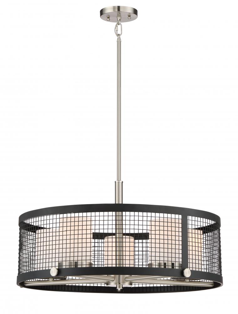 Pratt - 5 Light Pendant with White Glass - Black Finish with Brushed Nickel Accents