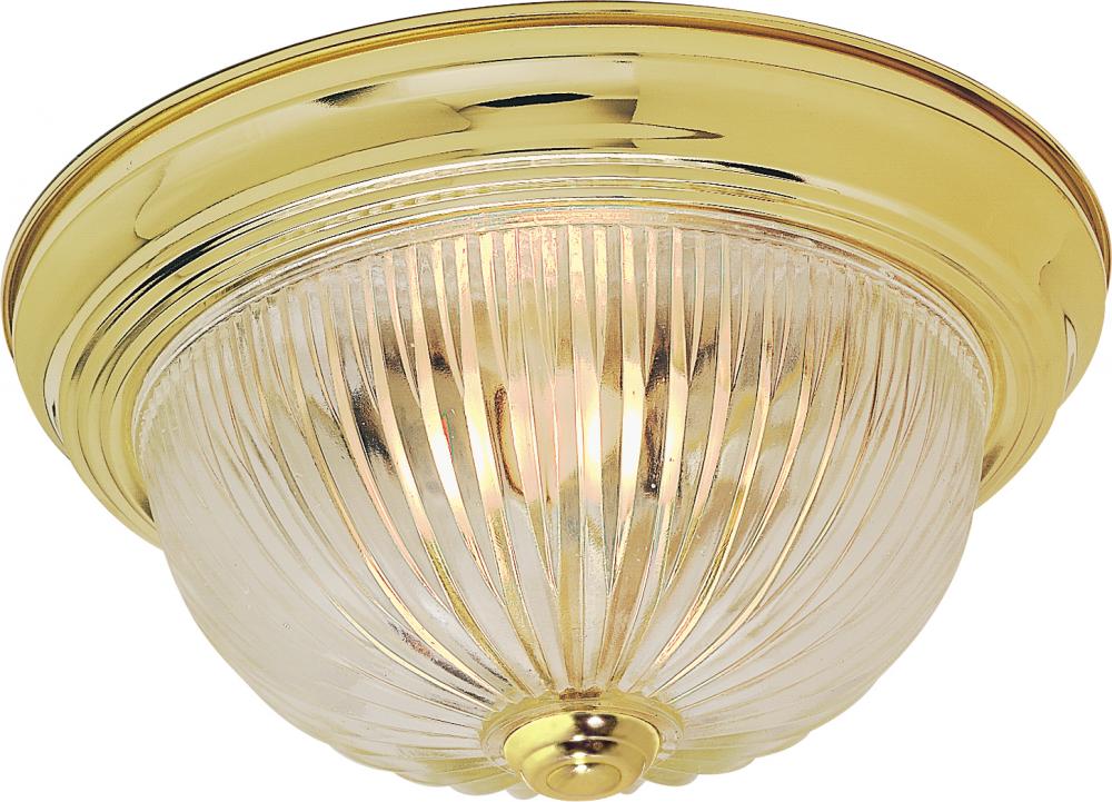 3 Light - 15&#34; Flush with Clear Ribbed Glass - Polished Brass Finish