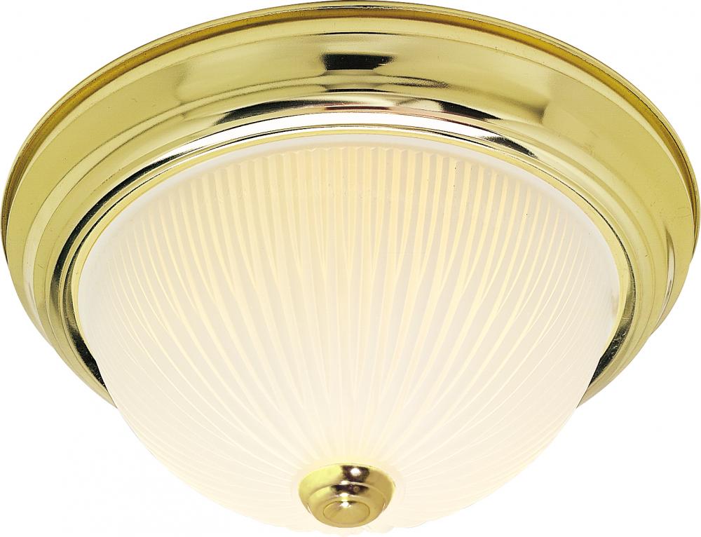 2 Light - 13&#34; Flush with Frosted Ribbed - Polished Brass Finish